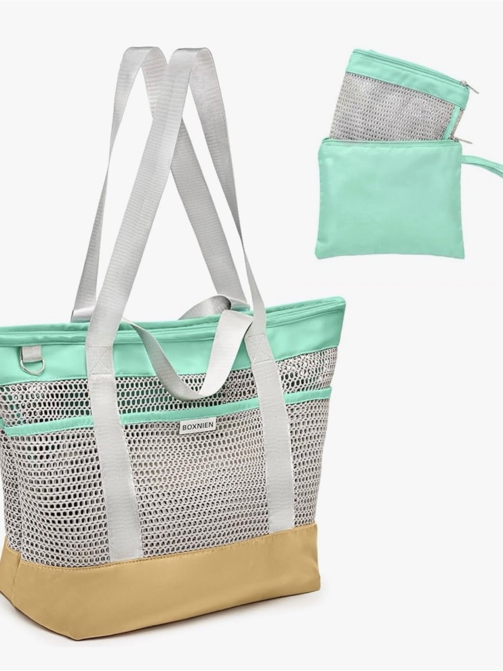 Mint Mesh Tote Bag with Tan Base